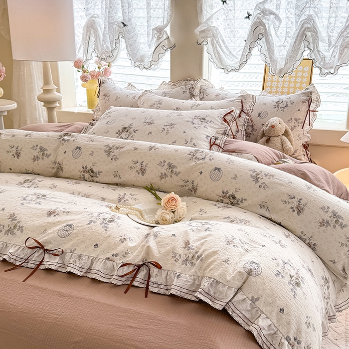 91家纺网 家纺一手货源 找家纺 韩约家纺 2025新款1韩式蝴蝶结加厚床单款棉麻四件套 芳华