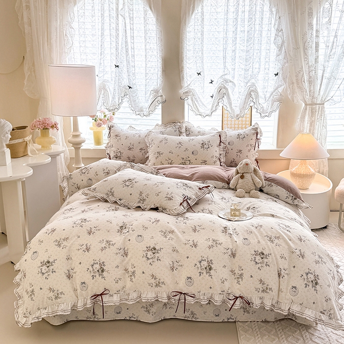 91家纺网 家纺一手货源 找家纺 韩约家纺 2025新款1韩式蝴蝶结加厚床单款棉麻四件套 芳华