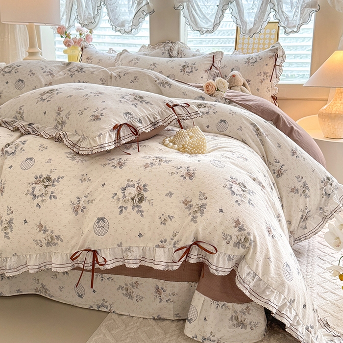 91家纺网 家纺一手货源 找家纺 韩约家纺 2025新款1韩式蝴蝶结加厚床单款棉麻四件套 芳华