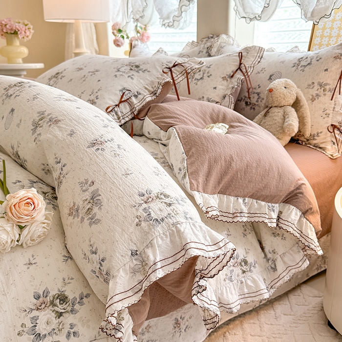 91家纺网 家纺一手货源 找家纺 韩约家纺 2025新款1韩式蝴蝶结加厚床单款棉麻四件套 芳华