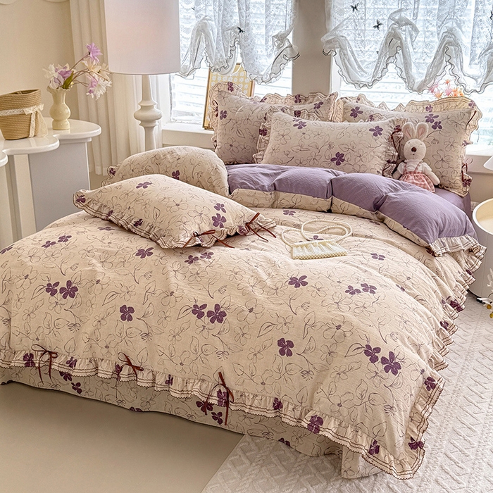 91家纺网 家纺一手货源 找家纺 韩约家纺 2025新款1韩式蝴蝶结加厚床单款棉麻四件套 情缘