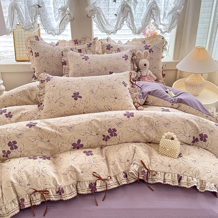 91家纺网 家纺一手货源 找家纺 韩约家纺 2025新款1韩式蝴蝶结加厚床单款棉麻四件套 情缘