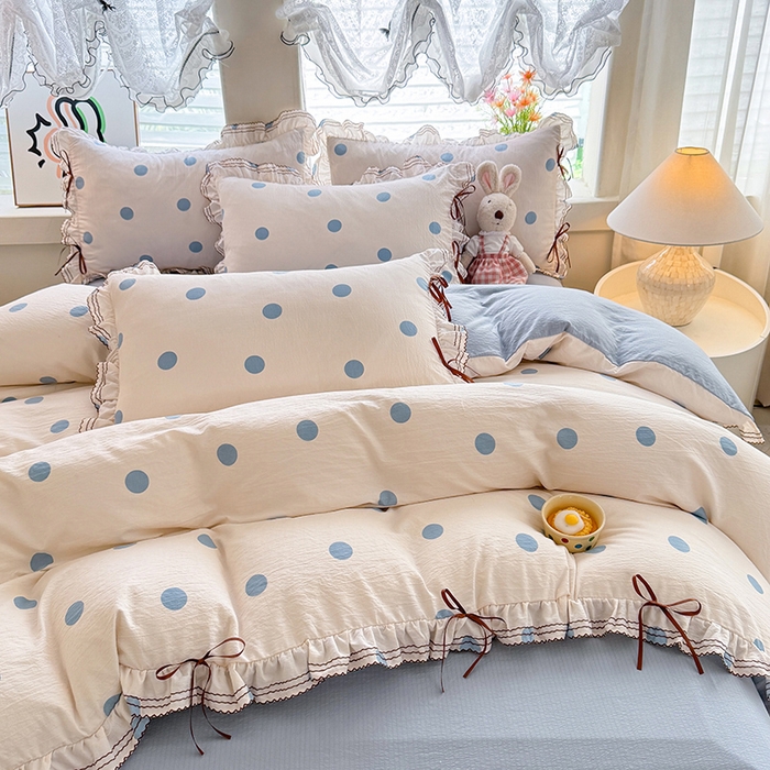 91家纺网 家纺一手货源 找家纺 韩约家纺 2025新款1韩式蝴蝶结加厚床单款棉麻四件套 波波蓝