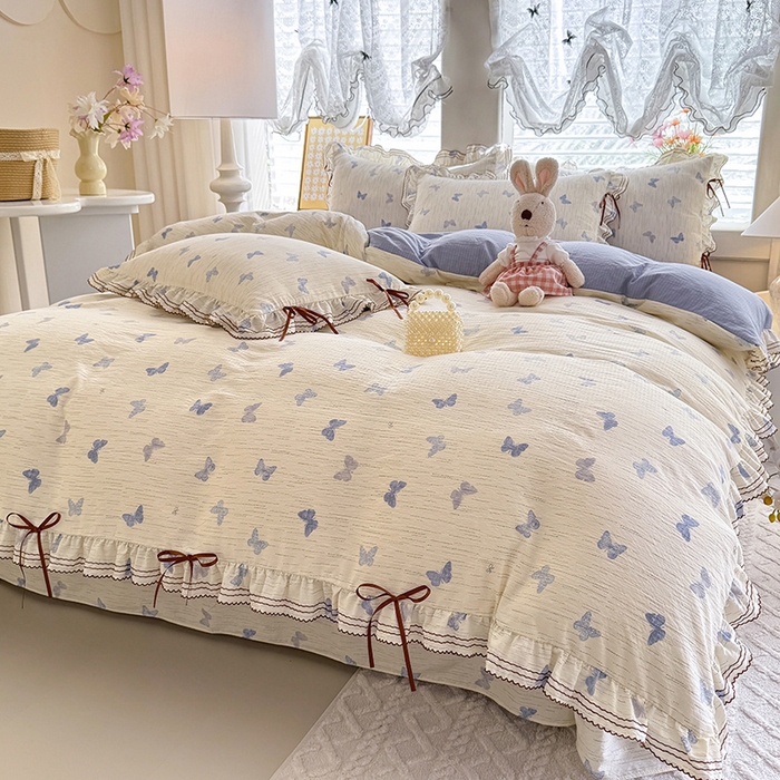 91家纺网 家纺一手货源 找家纺 韩约家纺 2025新款1韩式蝴蝶结加厚床单款棉麻四件套 美蝶