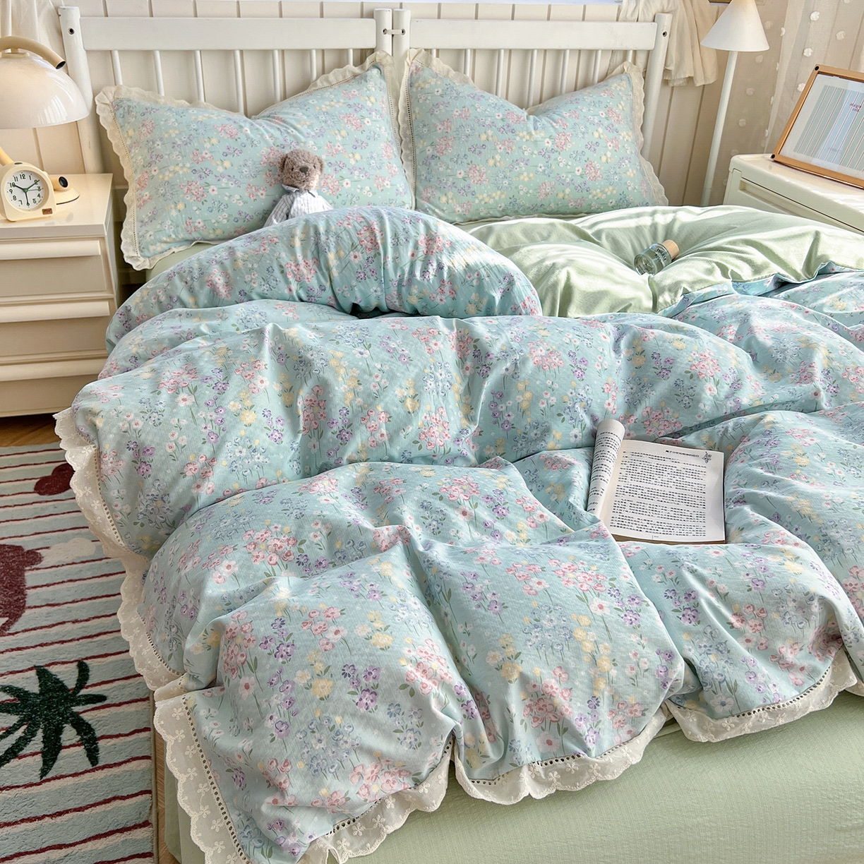 91家纺网 家纺一手货源 找家纺 （总）赫然家纺 2025新款云感皱皱双层纱法式镂空全棉花边款四件套