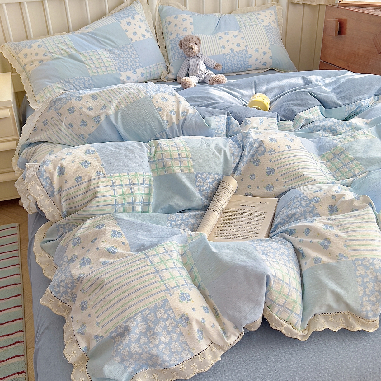 赫然家纺 2026新款云感皱皱双层纱法式镂空全棉花边款四件套 兰亭序