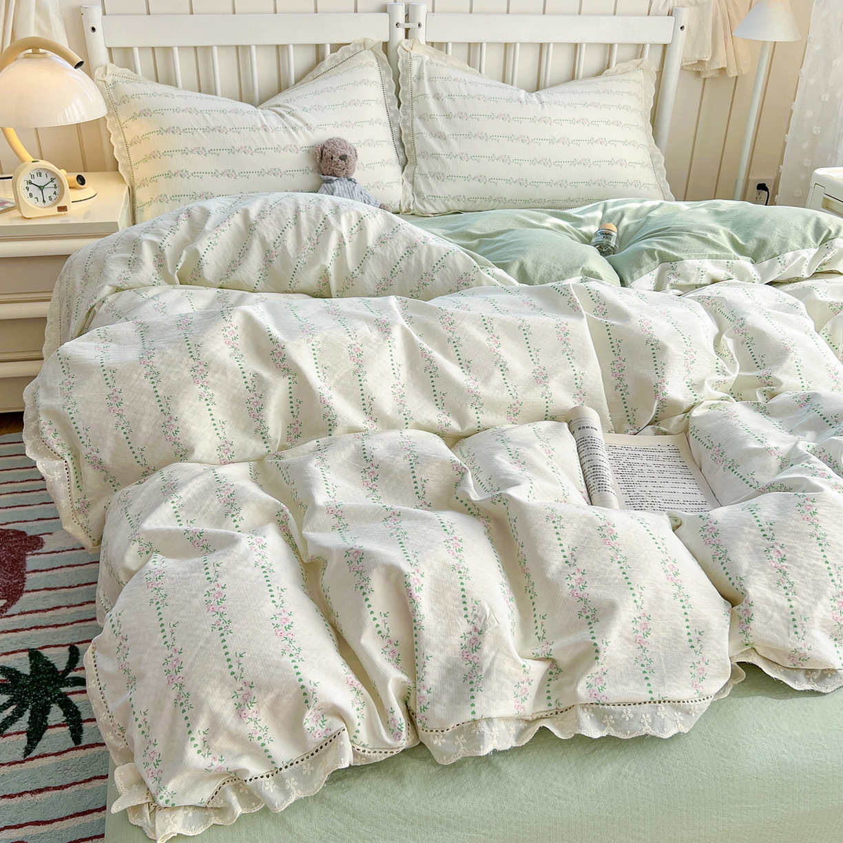 91家纺网 家纺一手货源 找家纺 （总）赫然家纺 2025新款云感皱皱双层纱法式镂空全棉花边款四件套