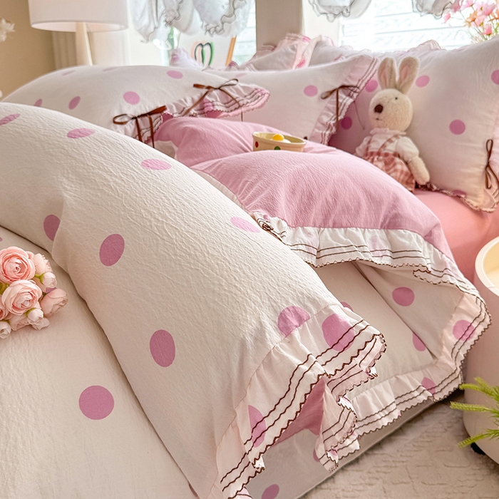 91家纺网 家纺一手货源 找家纺 韩约家纺 2025新款1韩式蝴蝶结加厚床单款棉麻四件套 波波粉