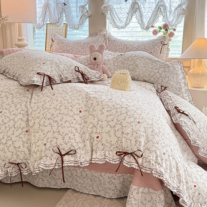 91家纺网 家纺一手货源 找家纺 韩约家纺 2025新款1韩式蝴蝶结加厚床单款棉麻四件套 初颜