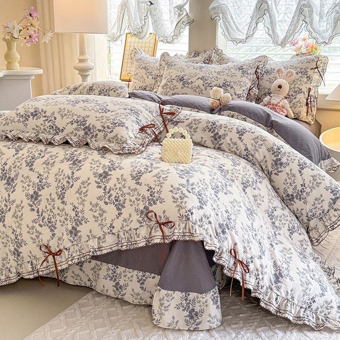 韩约家纺 2025新款1韩式蝴蝶结加厚床单款棉麻四件套 兰陵花