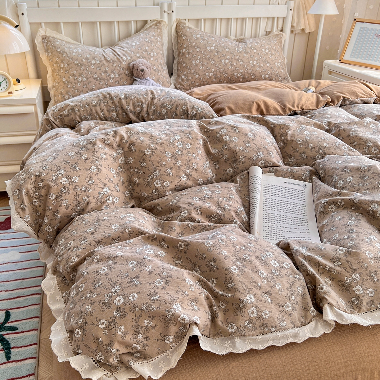 赫然家纺 2026新款云感皱皱双层纱法式镂空全棉花边款四件套 幸福相约