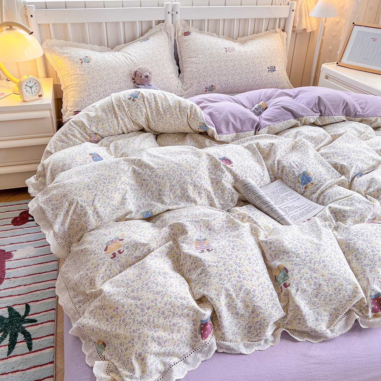 赫然家纺 2026新款云感皱皱双层纱法式镂空全棉花边款四件套 花海兔