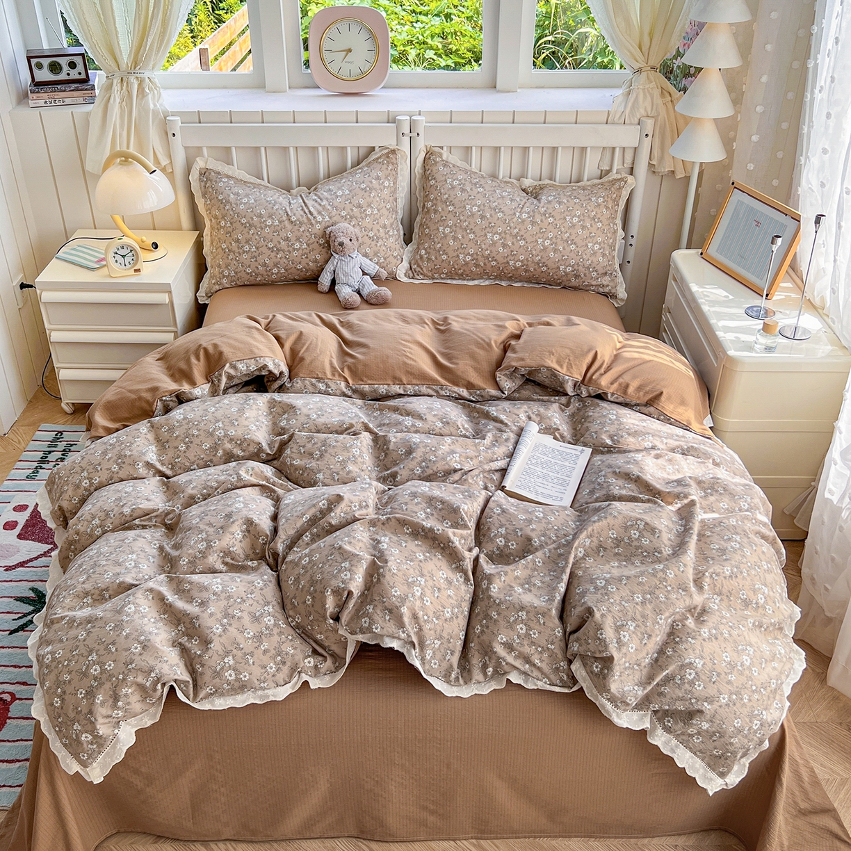 91家纺网 家纺一手货源 找家纺 赫然家纺 2026新款云感皱皱双层纱法式镂空全棉花边款四件套 幸福相约