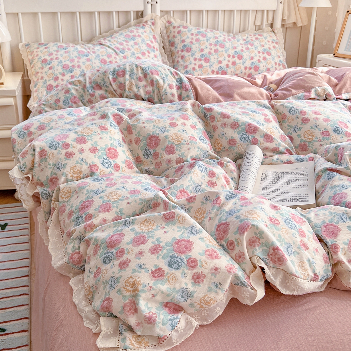 91家纺网 家纺一手货源 找家纺 （总）赫然家纺 2025新款云感皱皱双层纱法式镂空全棉花边款四件套