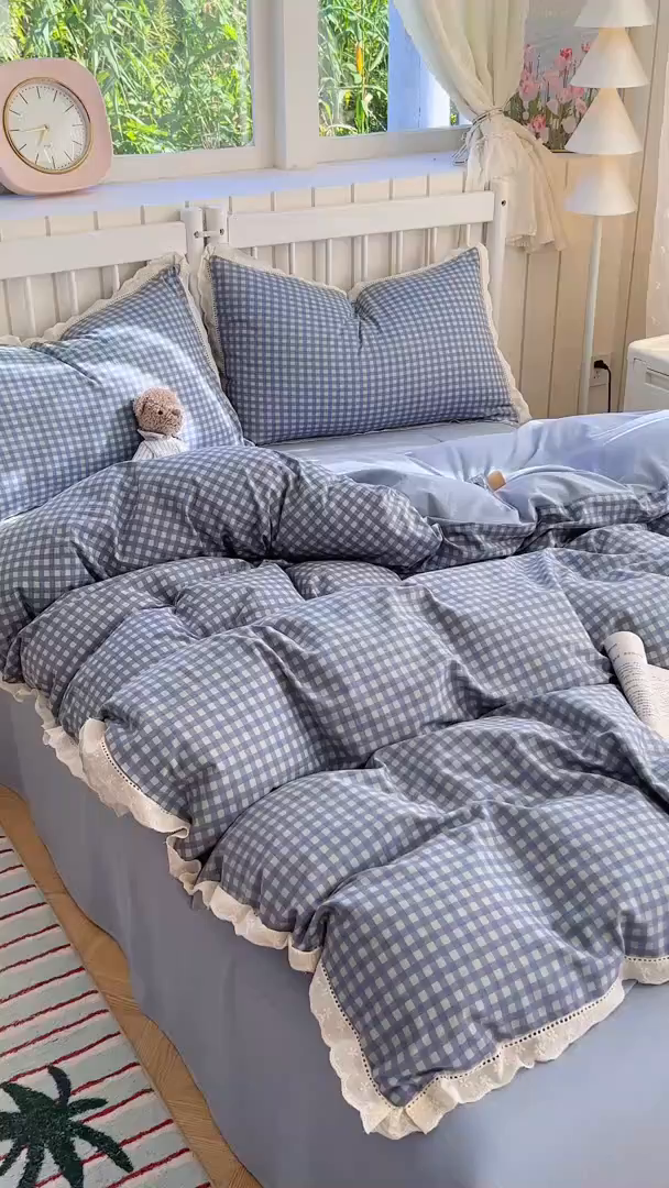 91家纺网 家纺一手货源 找家纺 赫然家纺 2026新款云感皱皱双层纱法式镂空全棉花边款四件套 北欧格