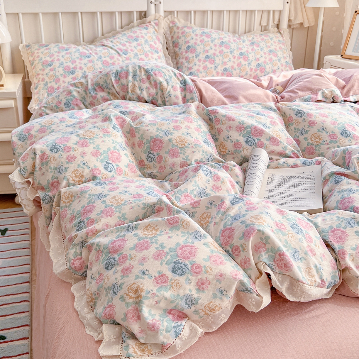 91家纺网 家纺一手货源 找家纺 赫然家纺 2026新款云感皱皱双层纱法式镂空全棉花边款单品枕套 陌上花开