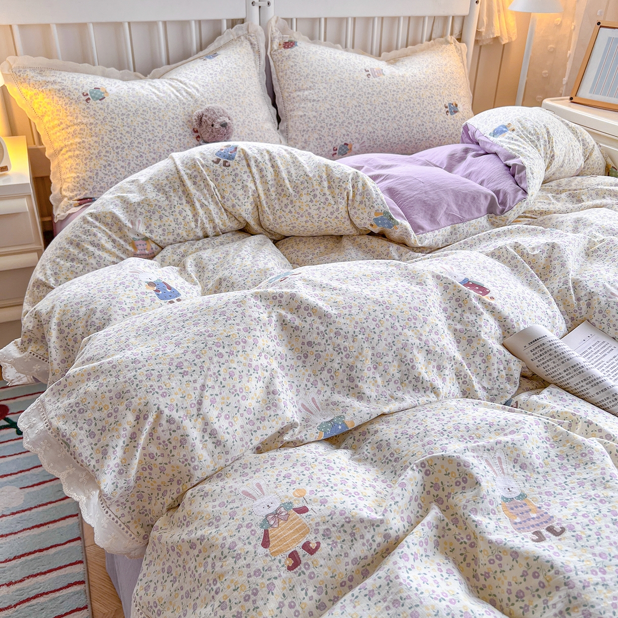 91家纺网 家纺一手货源 找家纺 赫然家纺 2026新款云感皱皱双层纱法式镂空全棉花边款单品枕套 花海兔