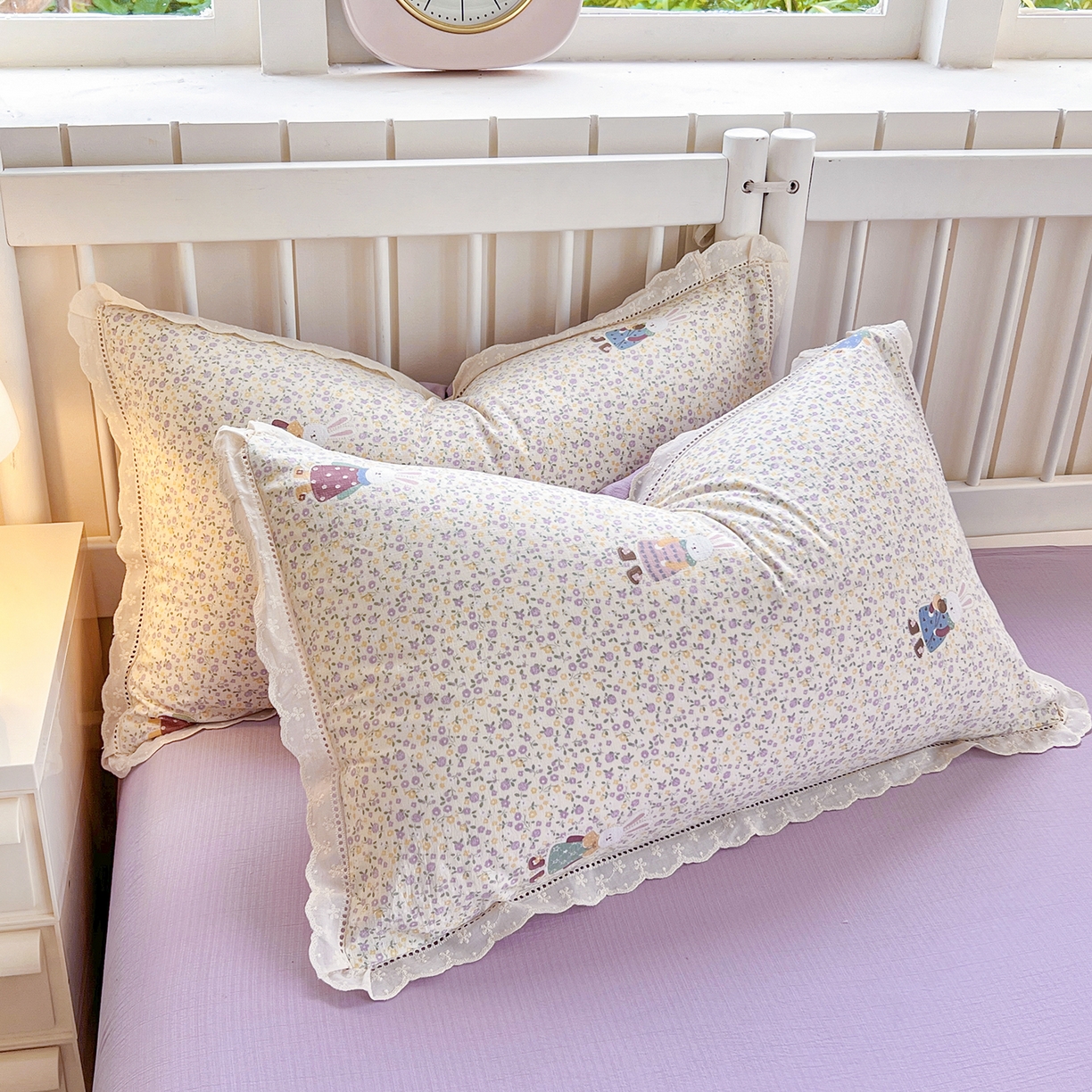 赫然家纺 2026新款云感皱皱双层纱法式镂空全棉花边款单品枕套 花海兔