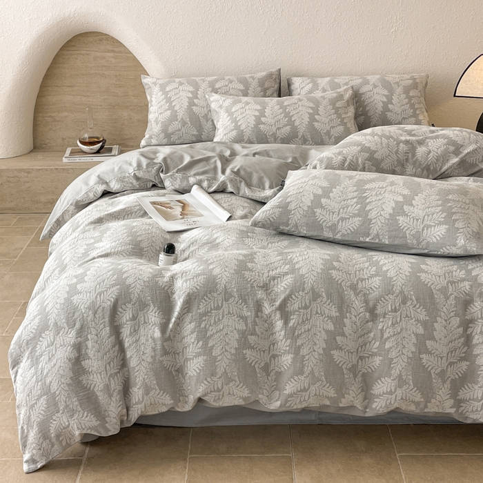 91家纺网 家纺一手货源 找家纺 宜代光年 2025新款全棉色织水洗棉大提花四件套（第一批）镜中叶-灰