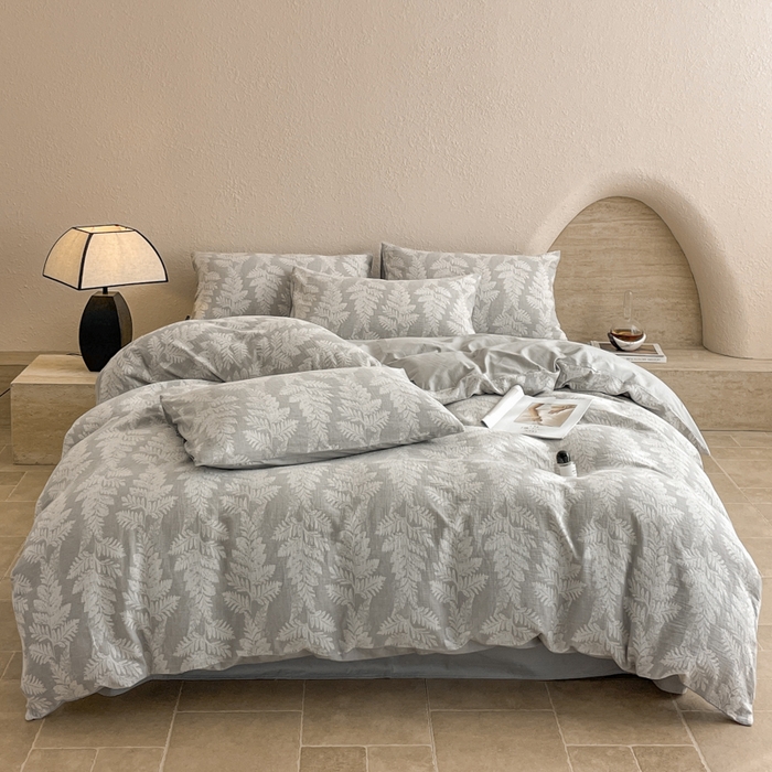 91家纺网 家纺一手货源 找家纺 宜代光年 2025新款全棉色织水洗棉大提花四件套（第一批）镜中叶-灰