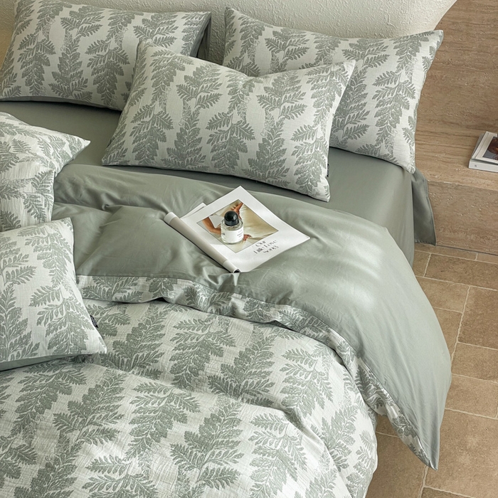 91家纺网 家纺一手货源 找家纺 宜代光年 2025新款全棉色织水洗棉大提花四件套（第一批）镜中叶-绿