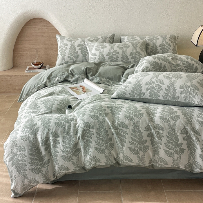 91家纺网 家纺一手货源 找家纺 宜代光年 2025新款全棉色织水洗棉大提花四件套（第一批）镜中叶-绿