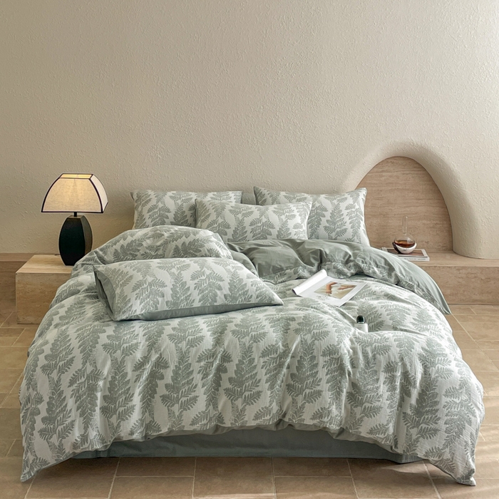 91家纺网 家纺一手货源 找家纺 宜代光年 2025新款全棉色织水洗棉大提花四件套（第一批）镜中叶-绿