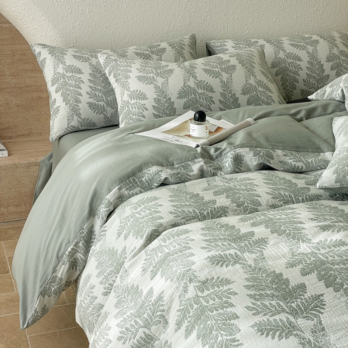 91家纺网 家纺一手货源 找家纺 宜代光年 2025新款全棉色织水洗棉大提花四件套（第一批）镜中叶-绿