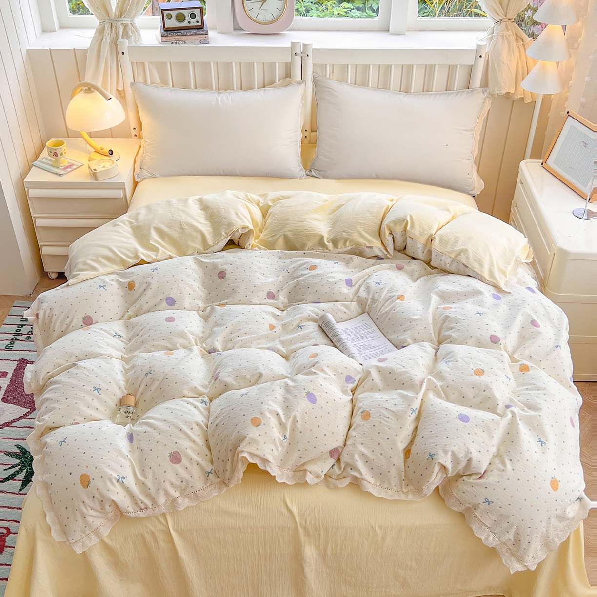 91家纺网 家纺一手货源 找家纺 （总）赫然家纺 2025新款云感皱皱双层纱法式镂空全棉花边款单被套