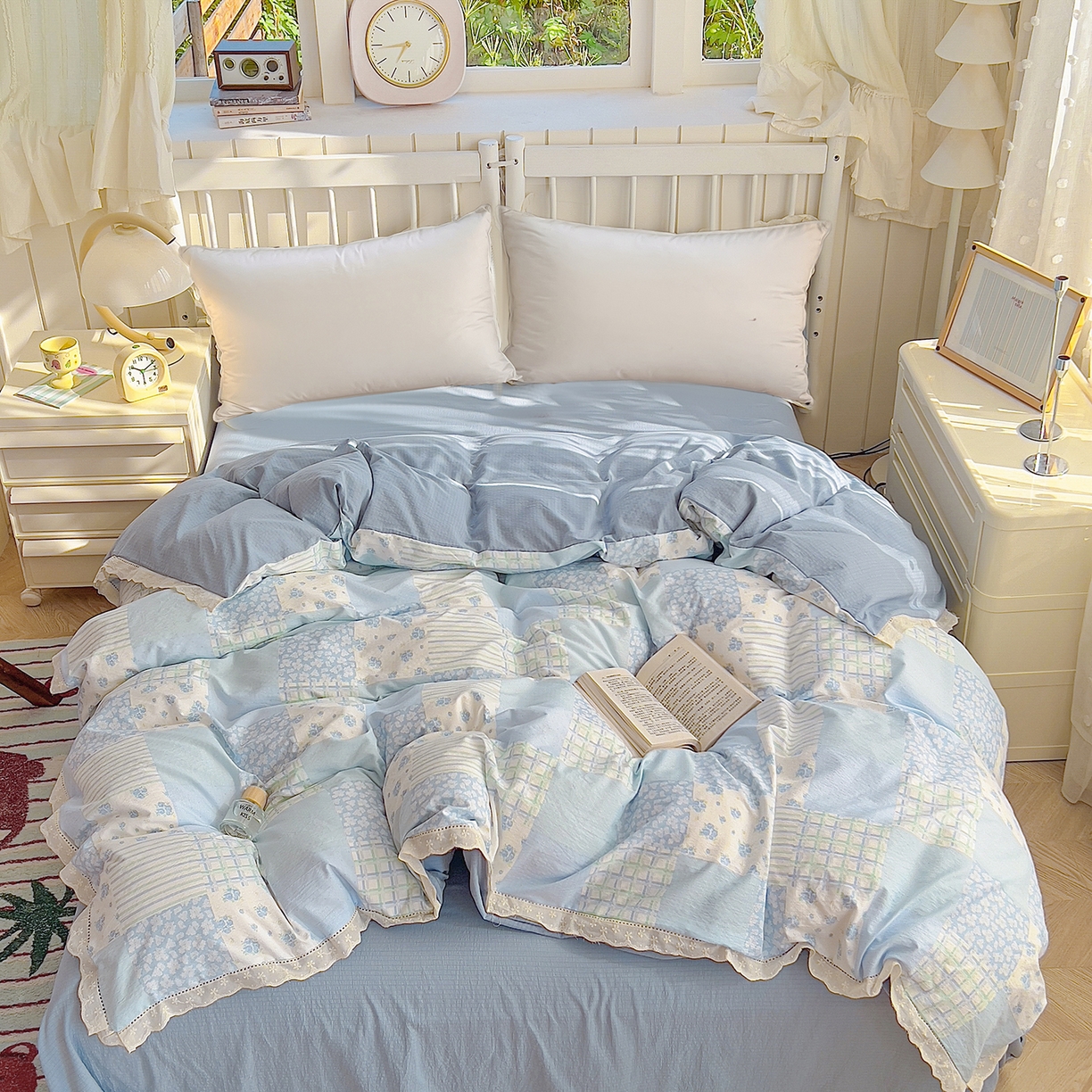 91家纺网 家纺一手货源 找家纺 （总）赫然家纺 2025新款云感皱皱双层纱法式镂空全棉花边款单被套