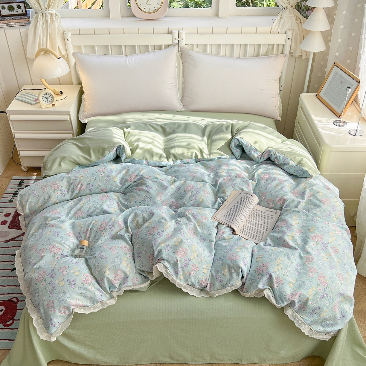 赫然家纺 2026新款云感皱皱双层纱法式镂空全棉花边款单被套 花开半夏