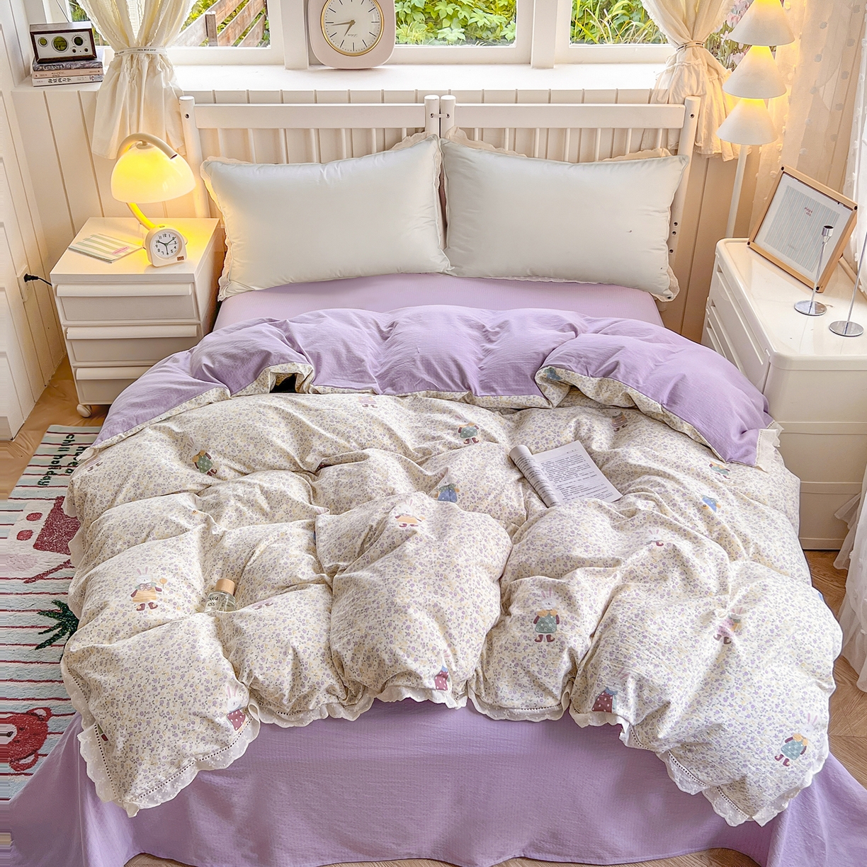 91家纺网 家纺一手货源 找家纺 （总）赫然家纺 2025新款云感皱皱双层纱法式镂空全棉花边款单被套