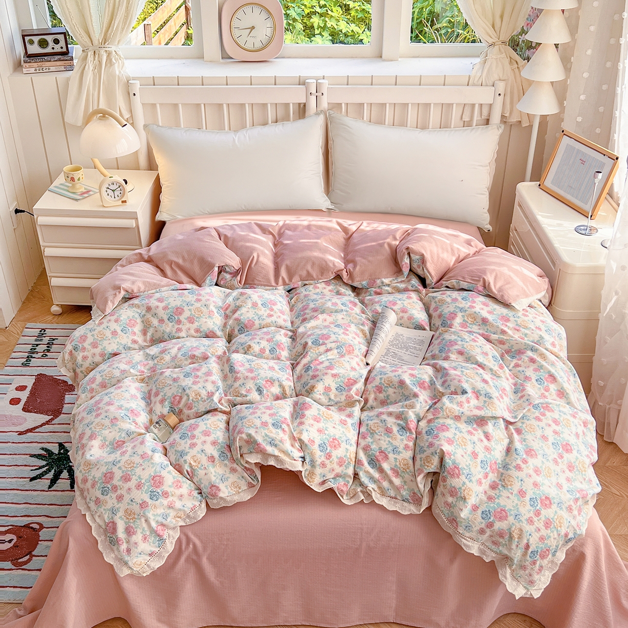 赫然家纺 2026新款云感皱皱双层纱法式镂空全棉花边款单被套 陌上花开