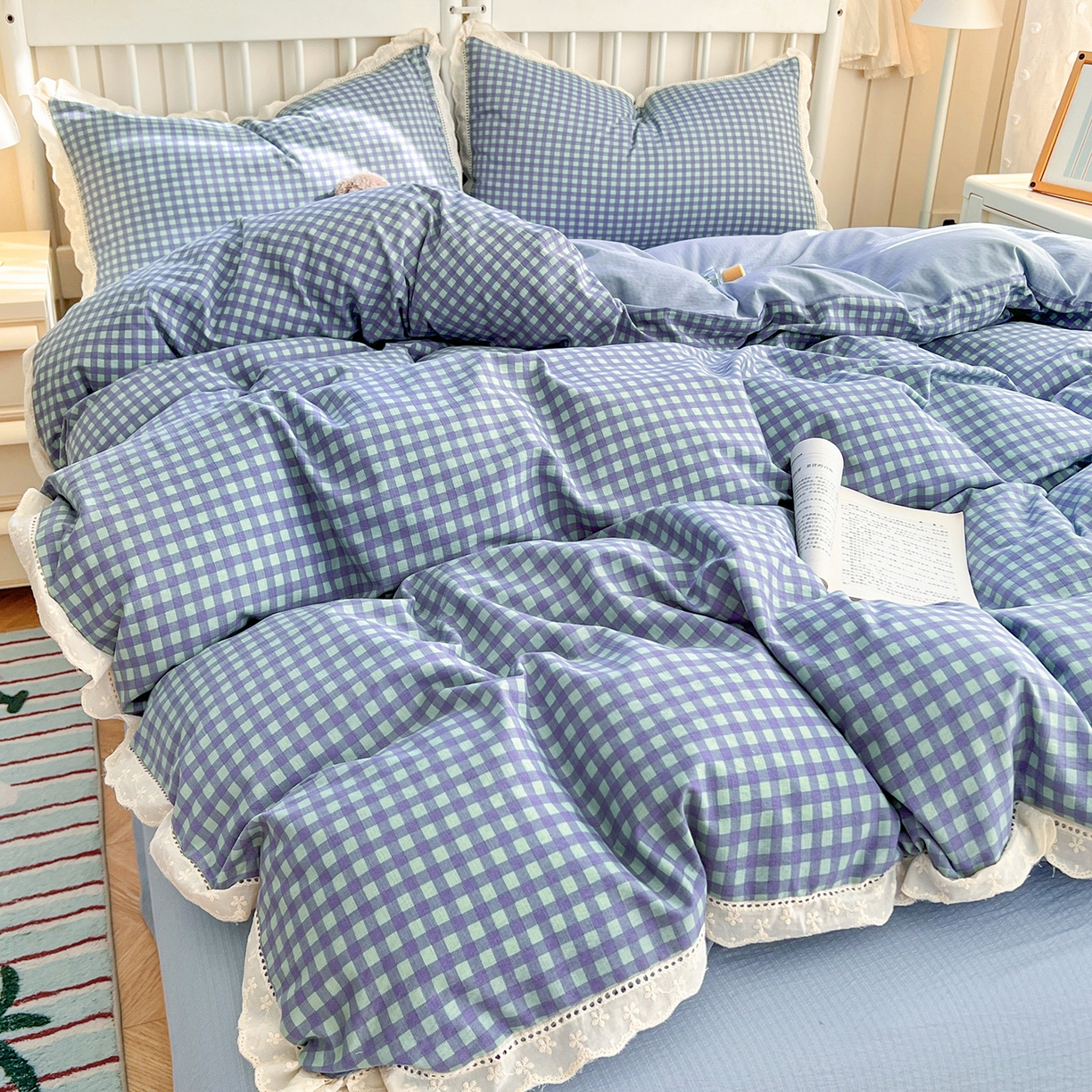 91家纺网 家纺一手货源 找家纺 （总）赫然家纺 2025新款云感皱皱双层纱法式镂空全棉花边款单被套