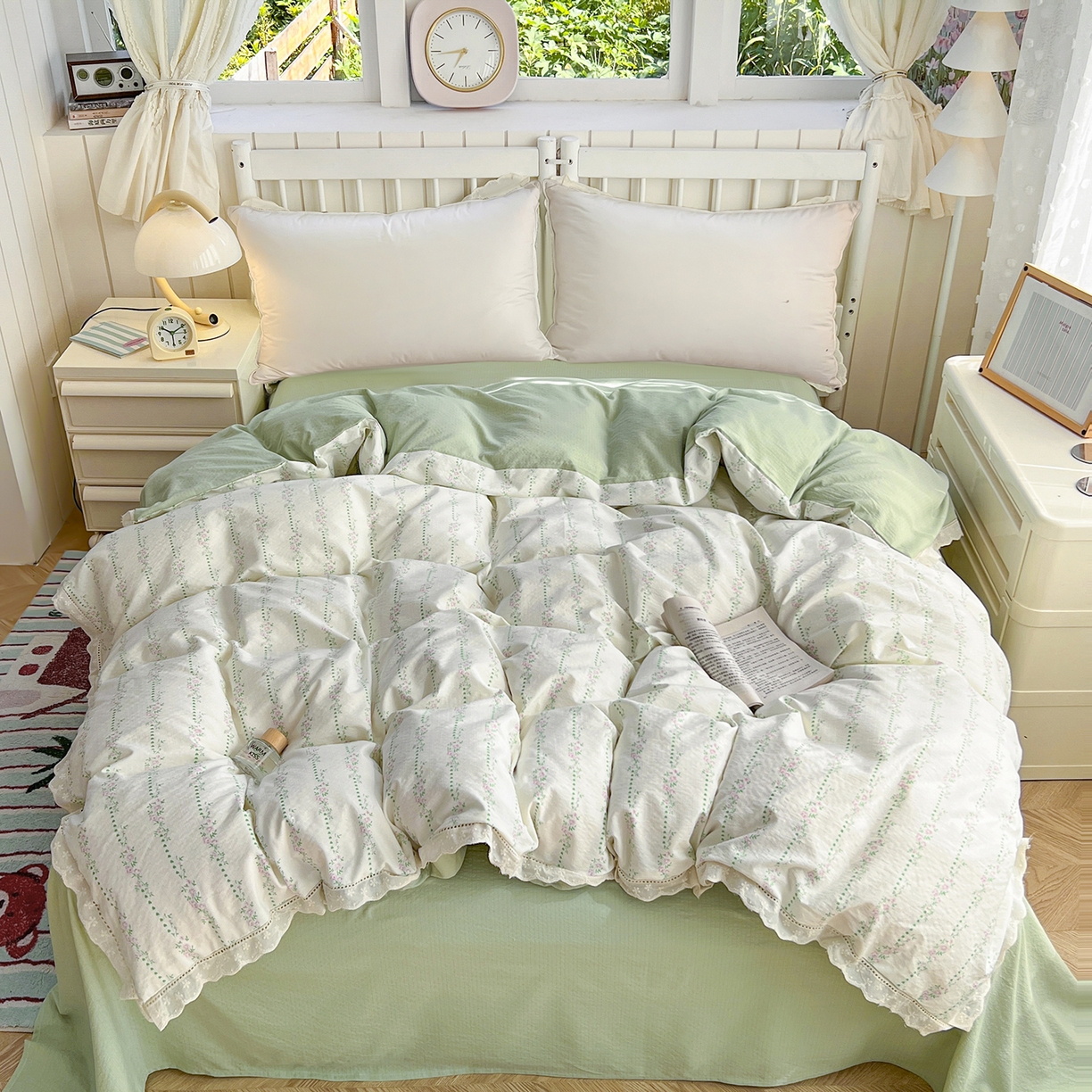 91家纺网 家纺一手货源 找家纺 （总）赫然家纺 2025新款云感皱皱双层纱法式镂空全棉花边款单被套