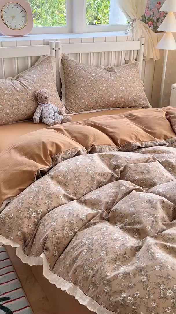 91家纺网 家纺一手货源 找家纺 赫然家纺 2026新款云感皱皱双层纱法式镂空全棉花边款单被套 幸福相约