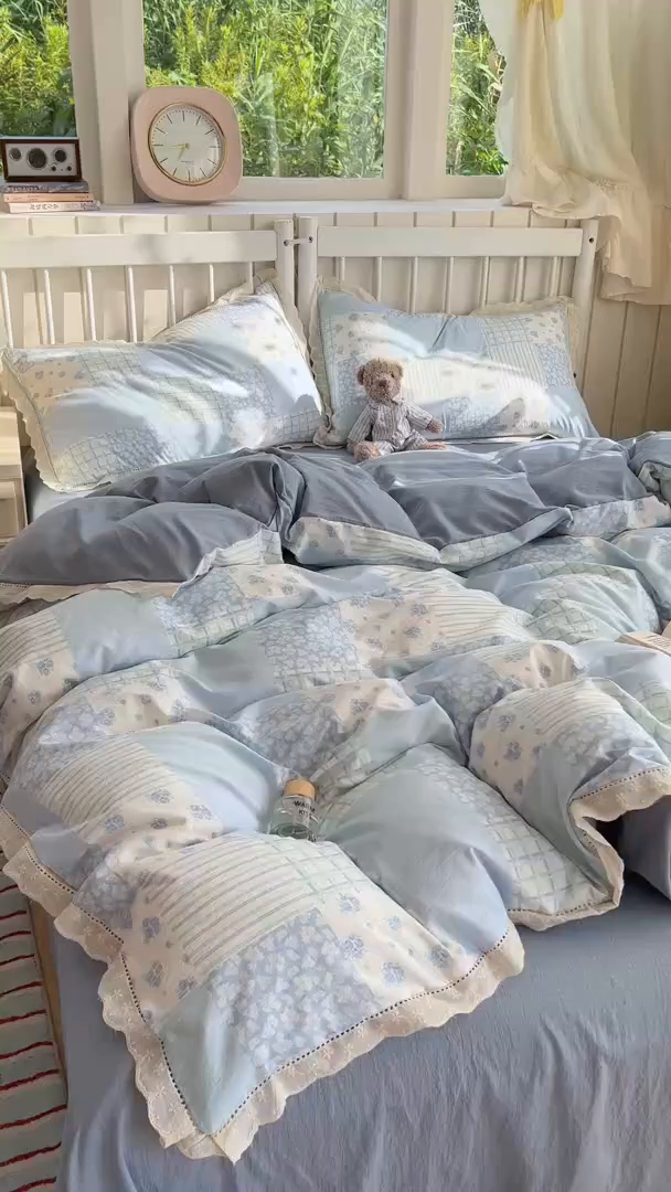 91家纺网 家纺一手货源 找家纺 赫然家纺 2026新款云感皱皱双层纱法式镂空全棉花边款单被套 兰亭序