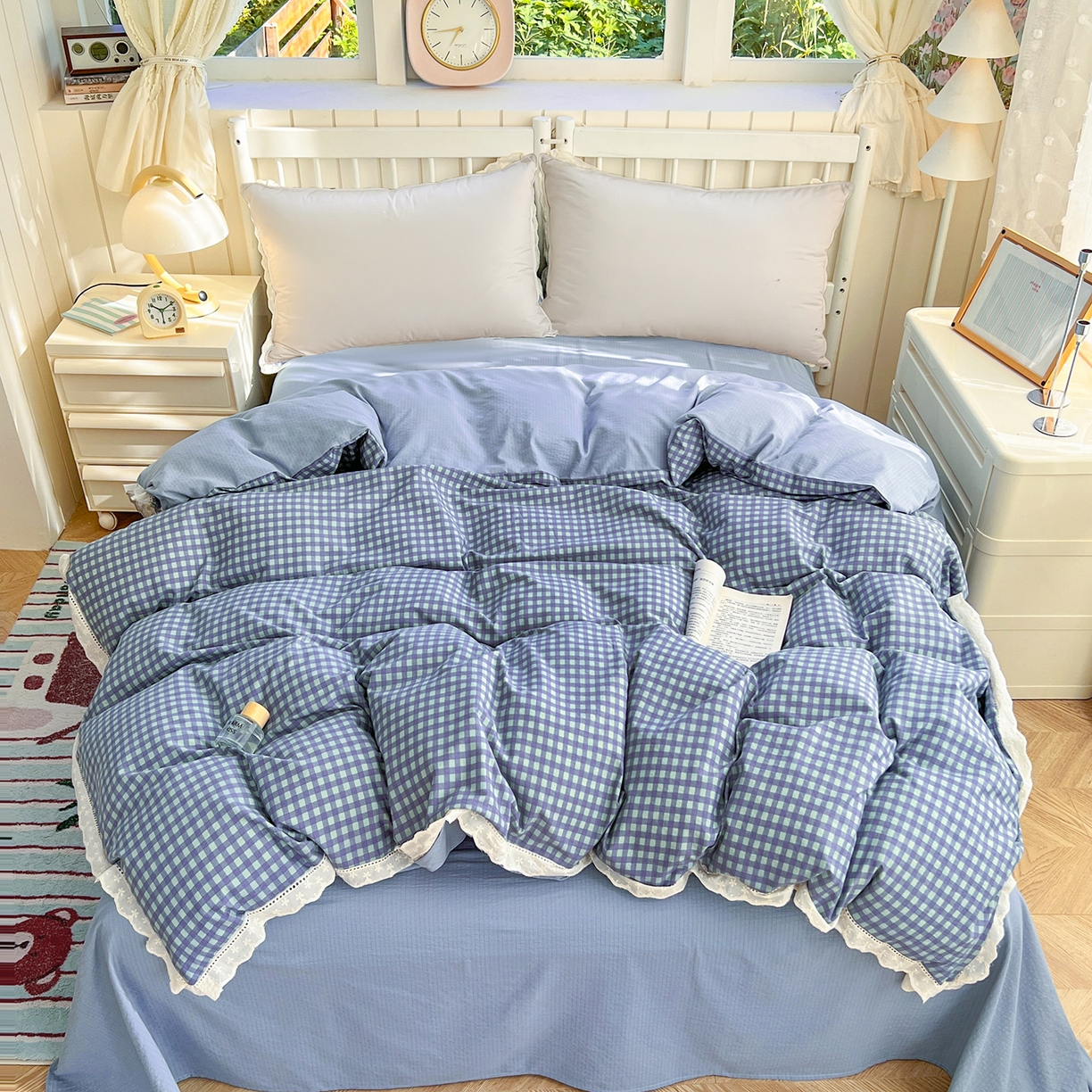 赫然家纺 2026新款云感皱皱双层纱法式镂空全棉花边款单被套 北欧格