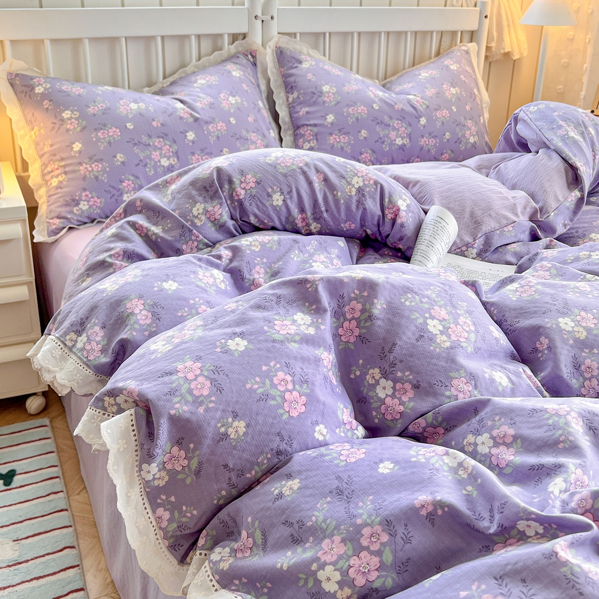 91家纺网 家纺一手货源 找家纺 赫然家纺 2026新款云感皱皱双层纱法式镂空全棉花边款单被套 贝拉花园