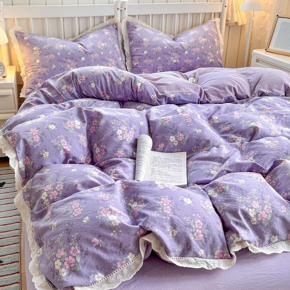 91家纺网 家纺一手货源 找家纺 赫然家纺 2026新款云感皱皱双层纱法式镂空全棉花边款单被套 贝拉花园