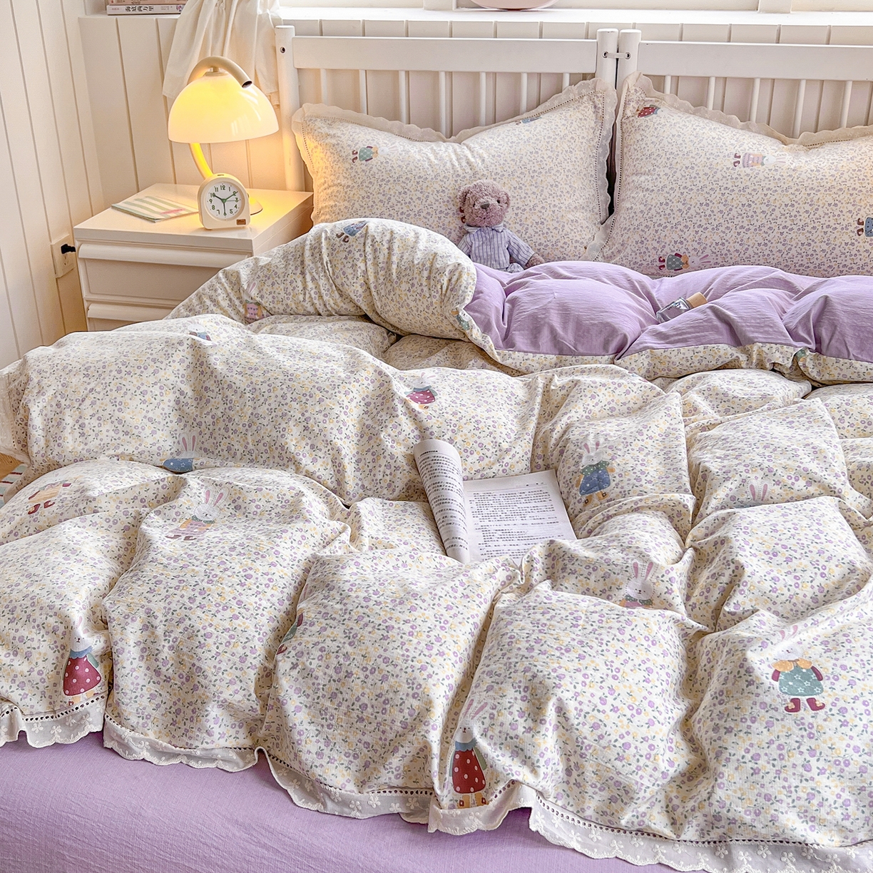 91家纺网 家纺一手货源 找家纺 赫然家纺 2026新款云感皱皱双层纱法式镂空全棉花边款单被套 花海兔