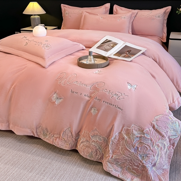 91家纺网 家纺一手货源 找家纺 （总）锦铭源家纺 2025新款75D全消光超柔樱花绒绣花四件套牛奶绒四件套【有买家秀】