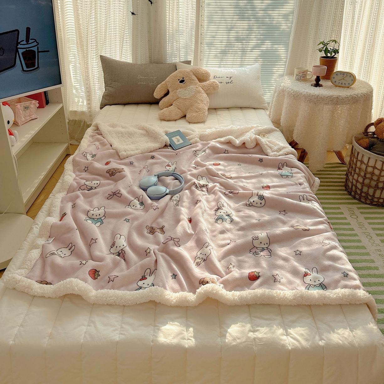 91家纺网 家纺一手货源 找家纺 美乐迪  2025新款牛奶绒羊羔绒毛毯 甜品小兔