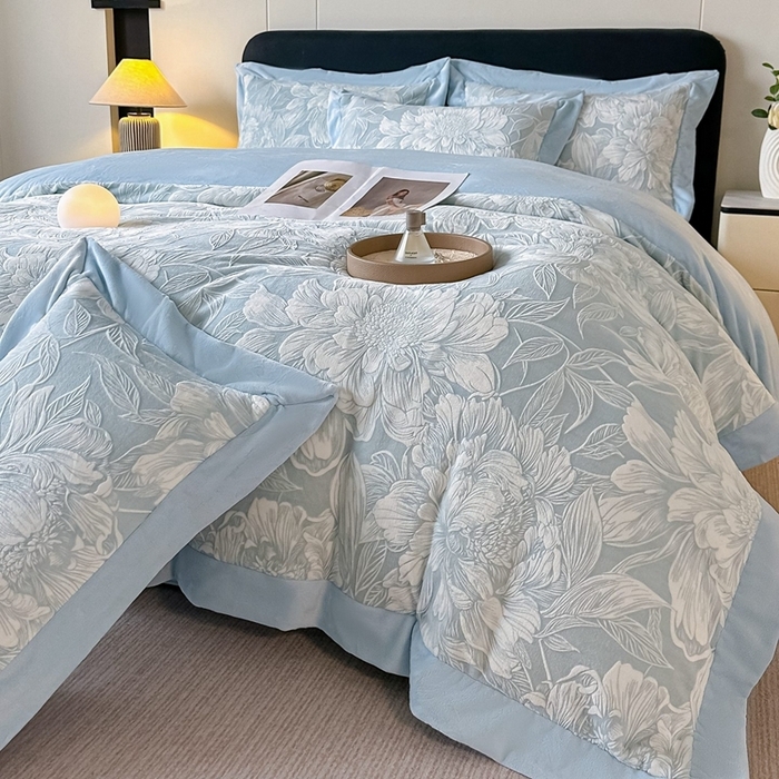 91家纺网 家纺一手货源 找家纺 （总）锦铭源家纺 2025新款烂花75D全消光超柔樱花绒牛奶绒四件套拼角四件套【有买家秀】