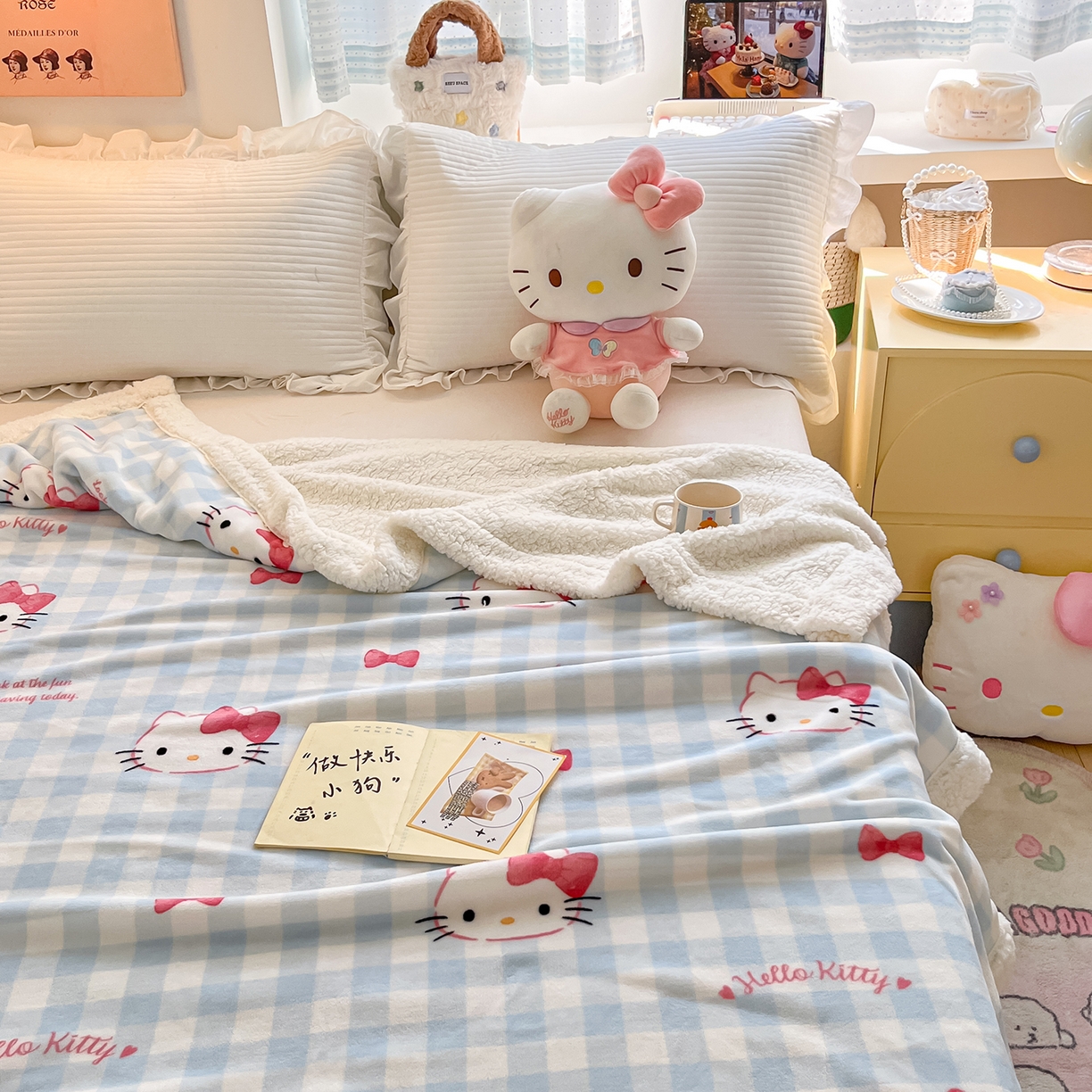 91家纺网 家纺一手货源 找家纺 金爱家 2025新款A类三丽鸥正版授权少女可爱卡通加厚牛奶绒羊羔绒毛毯多功能四季毛毯毯子 绒毛毯-MT三丽鸥宝贝KT