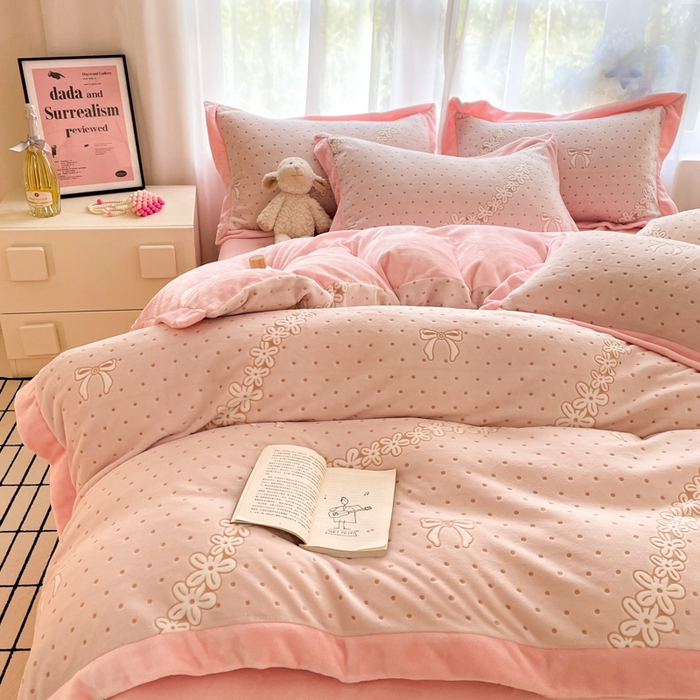 91家纺网 家纺一手货源 找家纺 言一 2025新款A类全消光超柔260G立体雕花牛奶绒加厚法式宽边四件套 甜梦絮语-粉