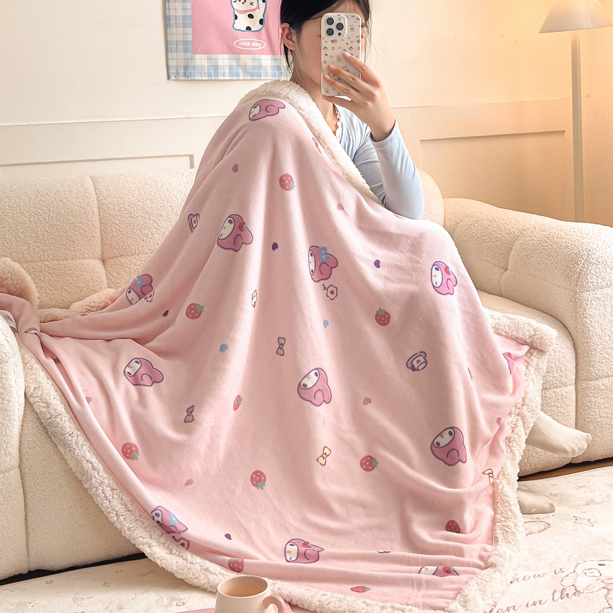 金爱家 2025新款A类三丽鸥正版授权少女可爱卡通加厚牛奶绒羊羔绒毛毯多功能四季毛毯毯子 绒毛毯-MT三丽鸥草莓美乐蒂