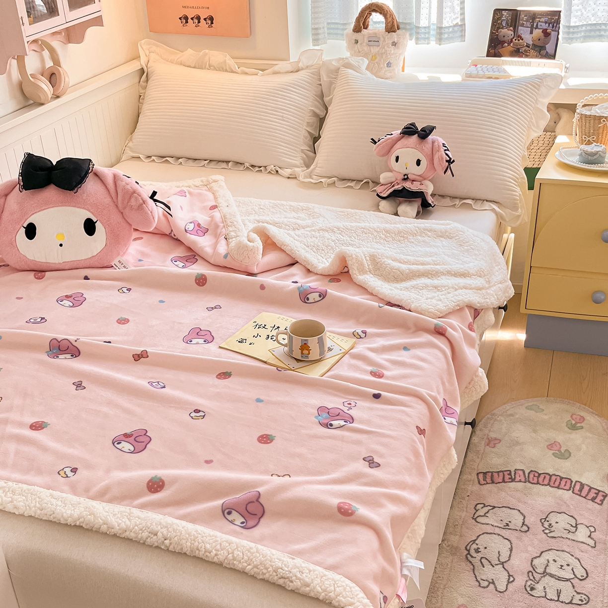 91家纺网 家纺一手货源 找家纺 金爱家 2025新款A类三丽鸥正版授权少女可爱卡通加厚牛奶绒羊羔绒毛毯多功能四季毛毯毯子 绒毛毯-MT三丽鸥草莓美乐蒂