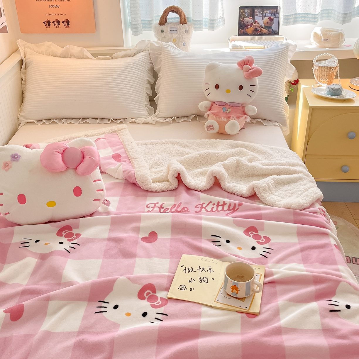 91家纺网 家纺一手货源 找家纺 金爱家 2025新款A类三丽鸥正版授权少女可爱卡通加厚牛奶绒羊羔绒毛毯多功能四季毛毯毯子 绒毛毯-MT三丽鸥粉格爱心KT