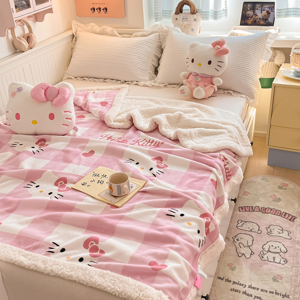 91家纺网 家纺一手货源 找家纺 金爱家 2025新款A类三丽鸥正版授权少女可爱卡通加厚牛奶绒羊羔绒毛毯多功能四季毛毯毯子 绒毛毯-MT三丽鸥粉格爱心KT